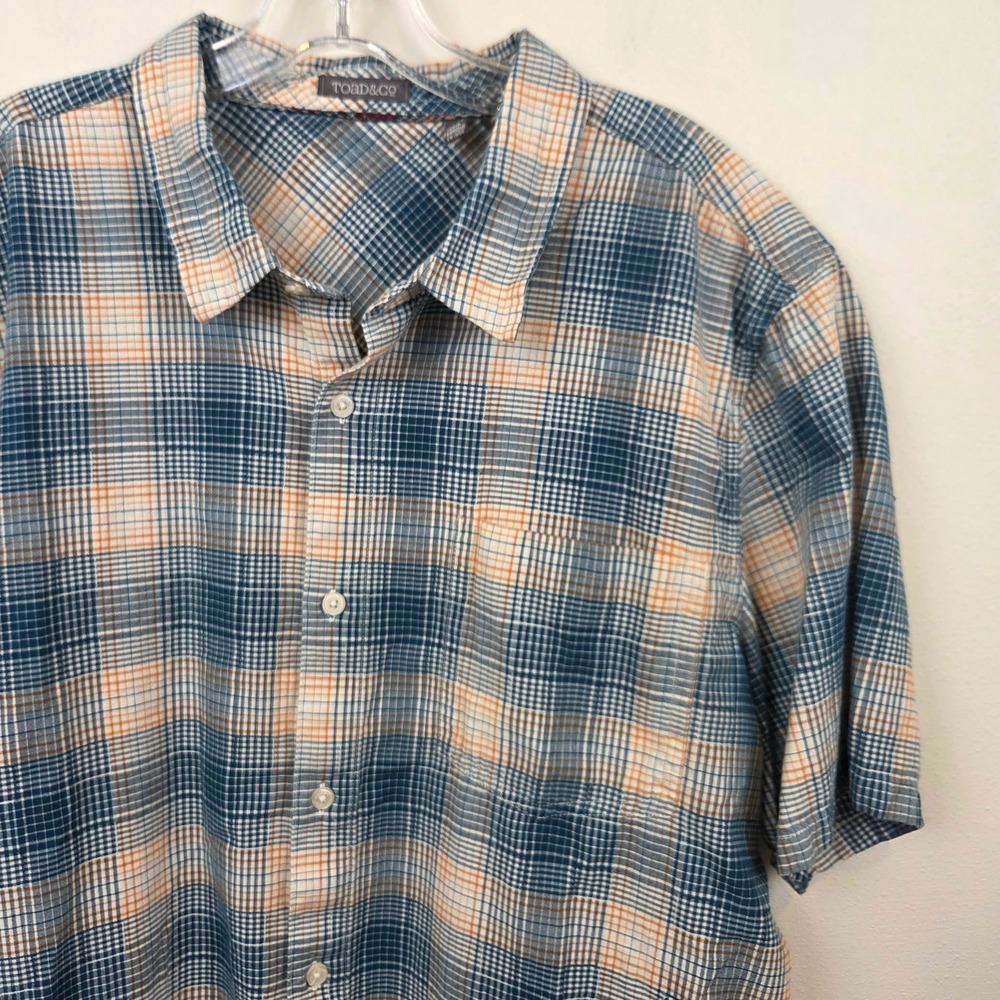 Toad&Co Mens XL Organic Cotton Plaid Short Sleeve Button Down Shirt Blue Orange